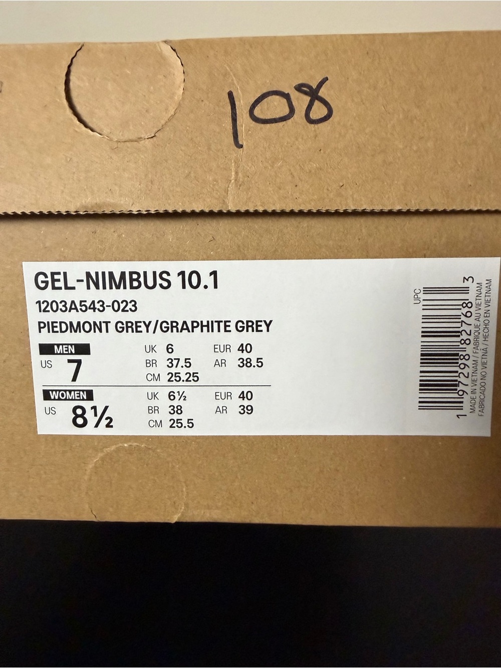 ASICS GEL-NIMBUS 10.1 Piedmont Grey/Graphite Grey Shoe Box Label